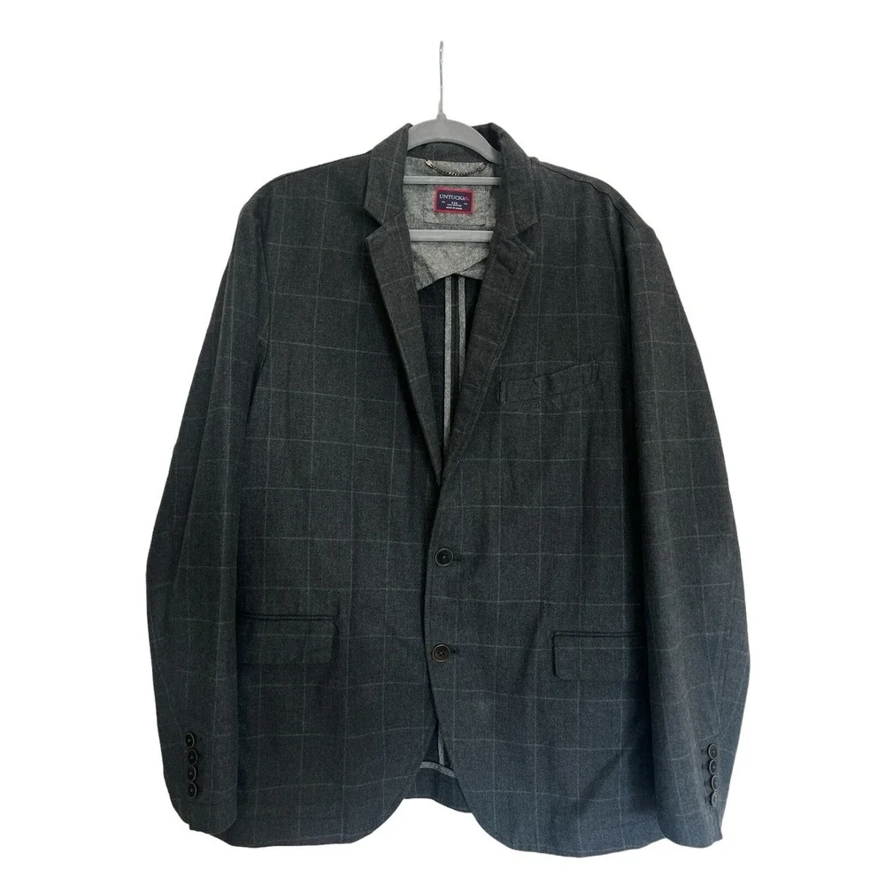 UNTUCKit Mens 44R Blazer Charcoal Gray‎ Windowpane Check 100% Cotton Sport Coat